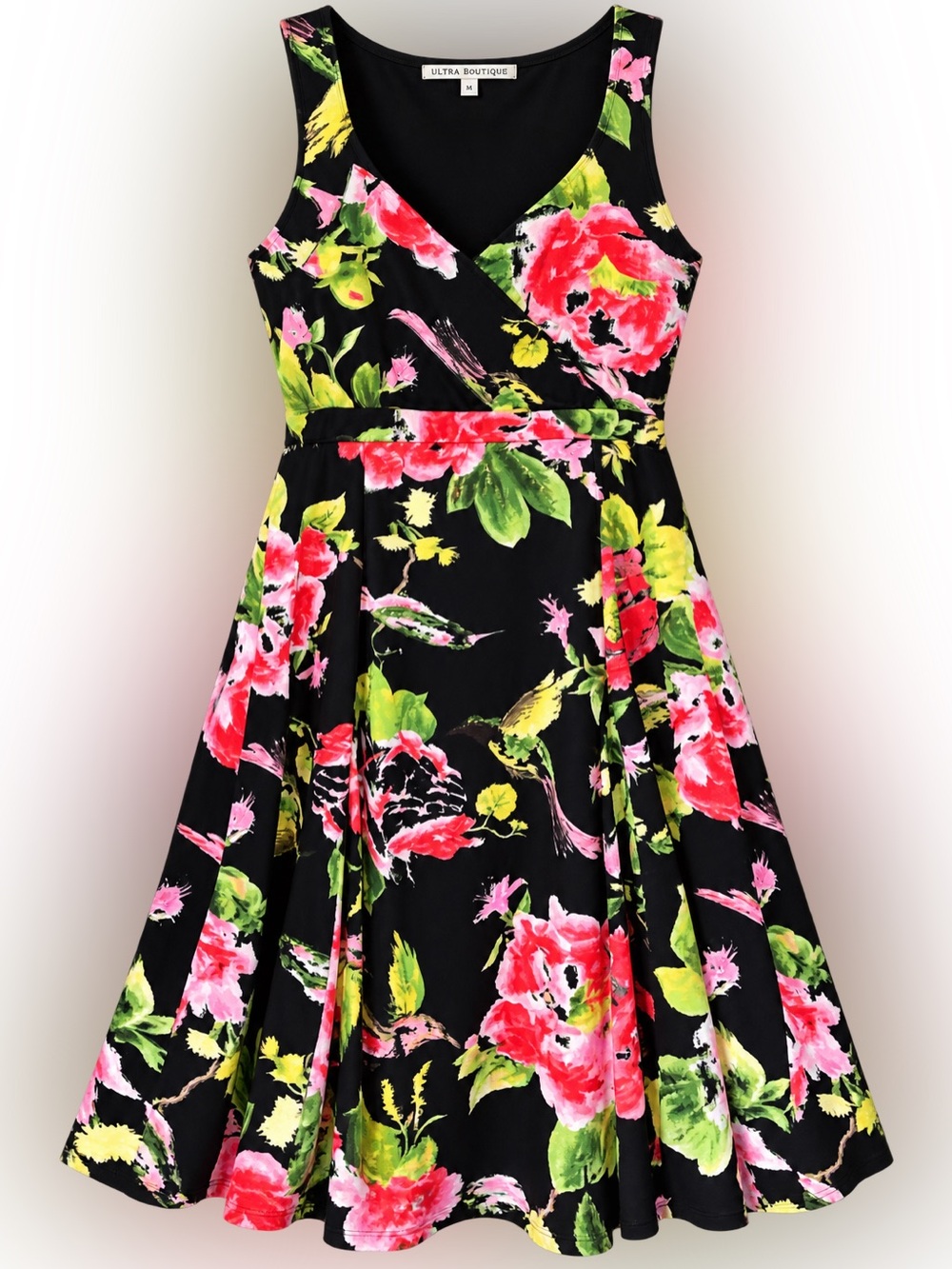 Black Floral Midi Dress with Pink & Green Print